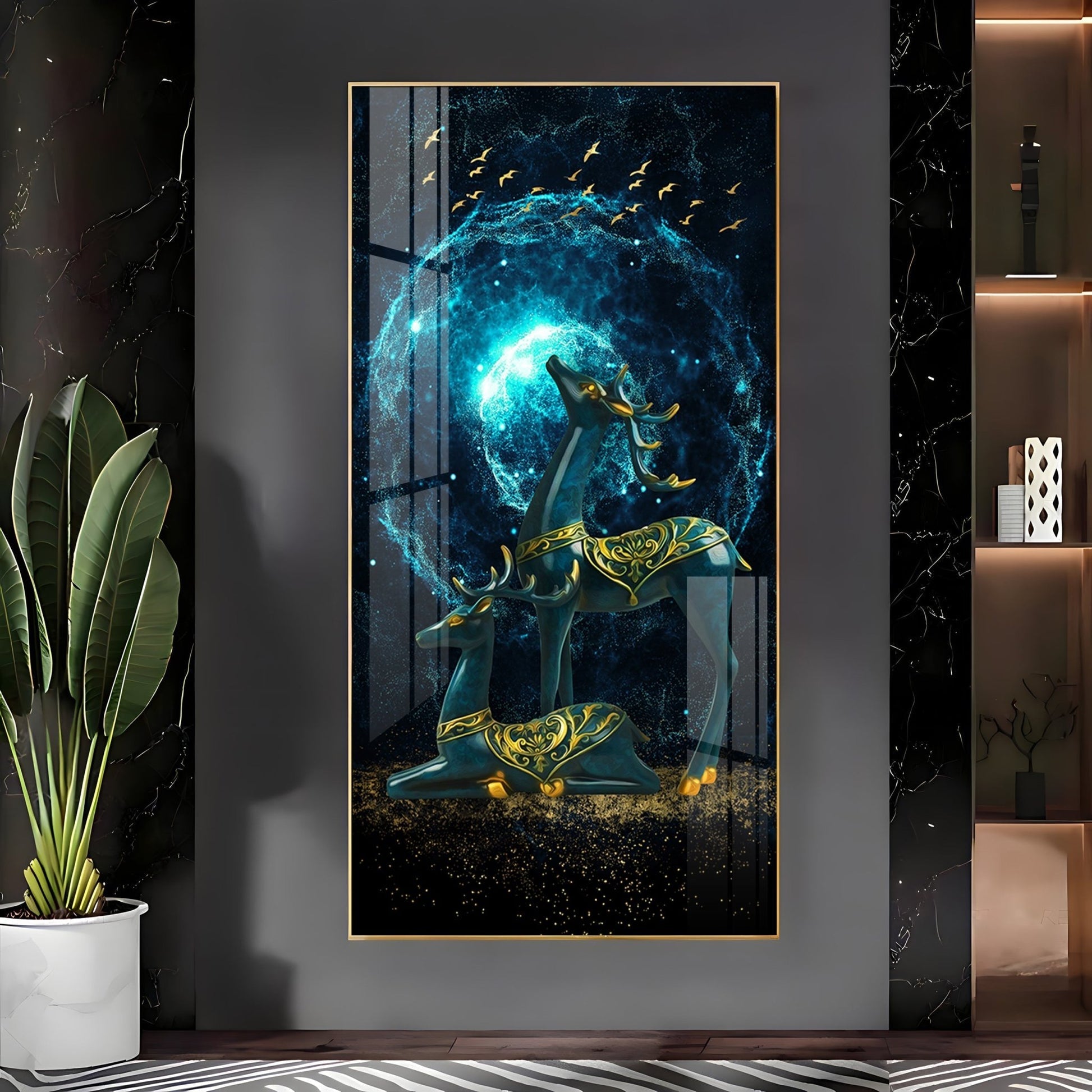 Modern Fantasy Deer Acrylic Wall Painting with Glowing Galaxy Effect and Artistic Golden Finish