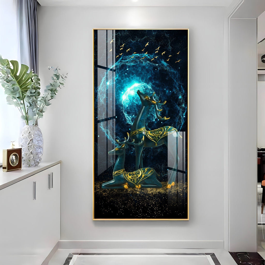 Modern Fantasy Deer Acrylic Wall Painting with Glowing Galaxy Effect and Artistic Golden Finish
