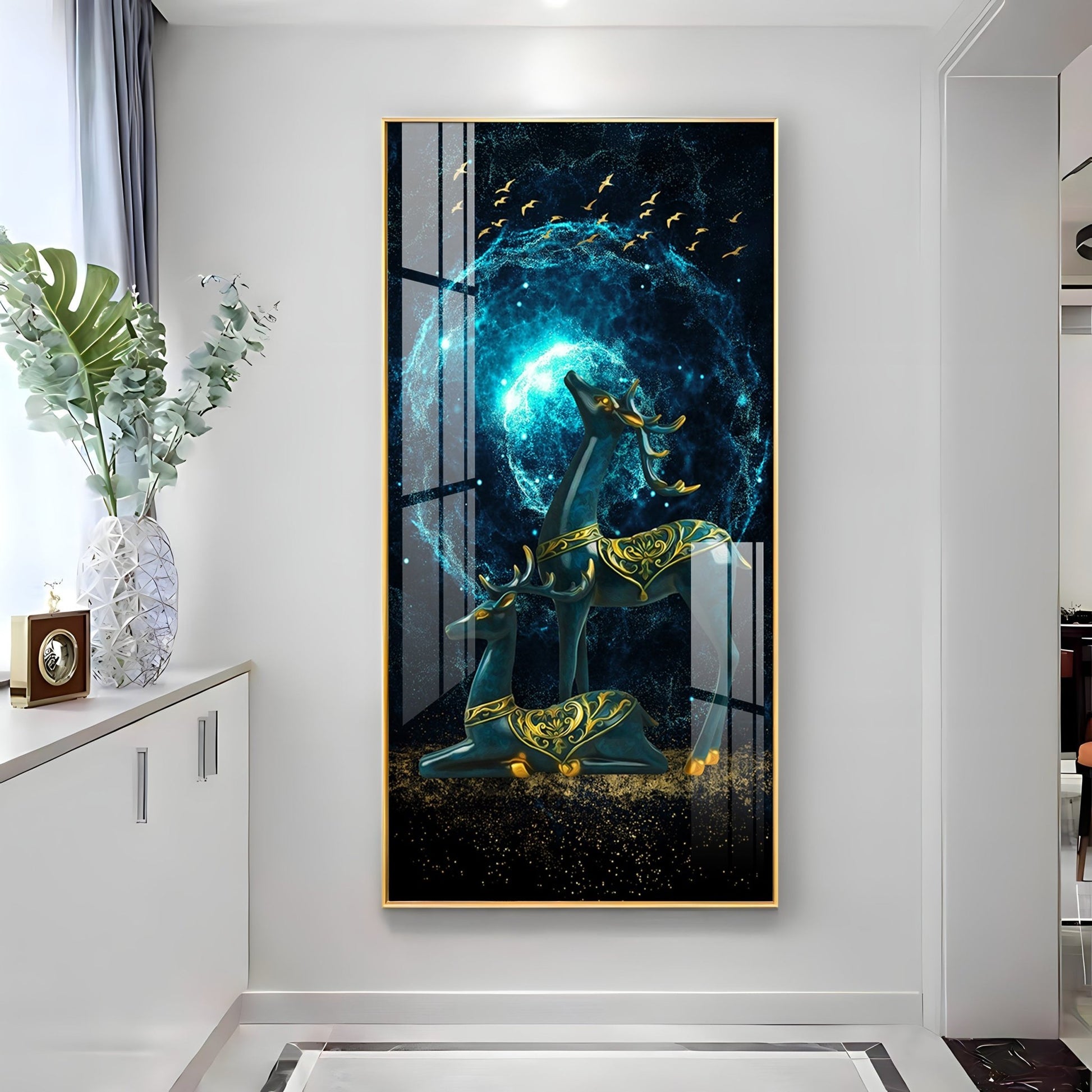 Modern Fantasy Deer Acrylic Wall Painting with Glowing Galaxy Effect and Artistic Golden Finish