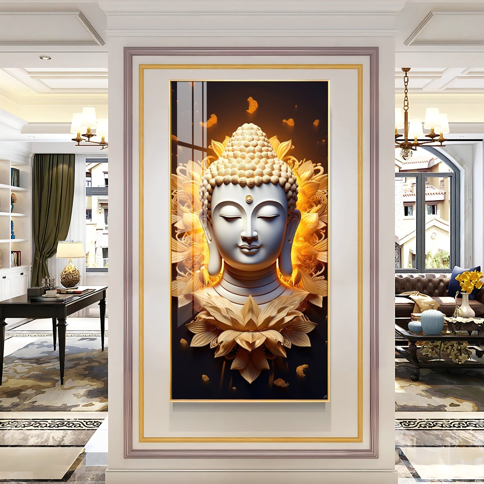 Luxury Meditative Buddha Acrylic Wall Painting Featuring Golden Floral Aura and Peaceful Expression