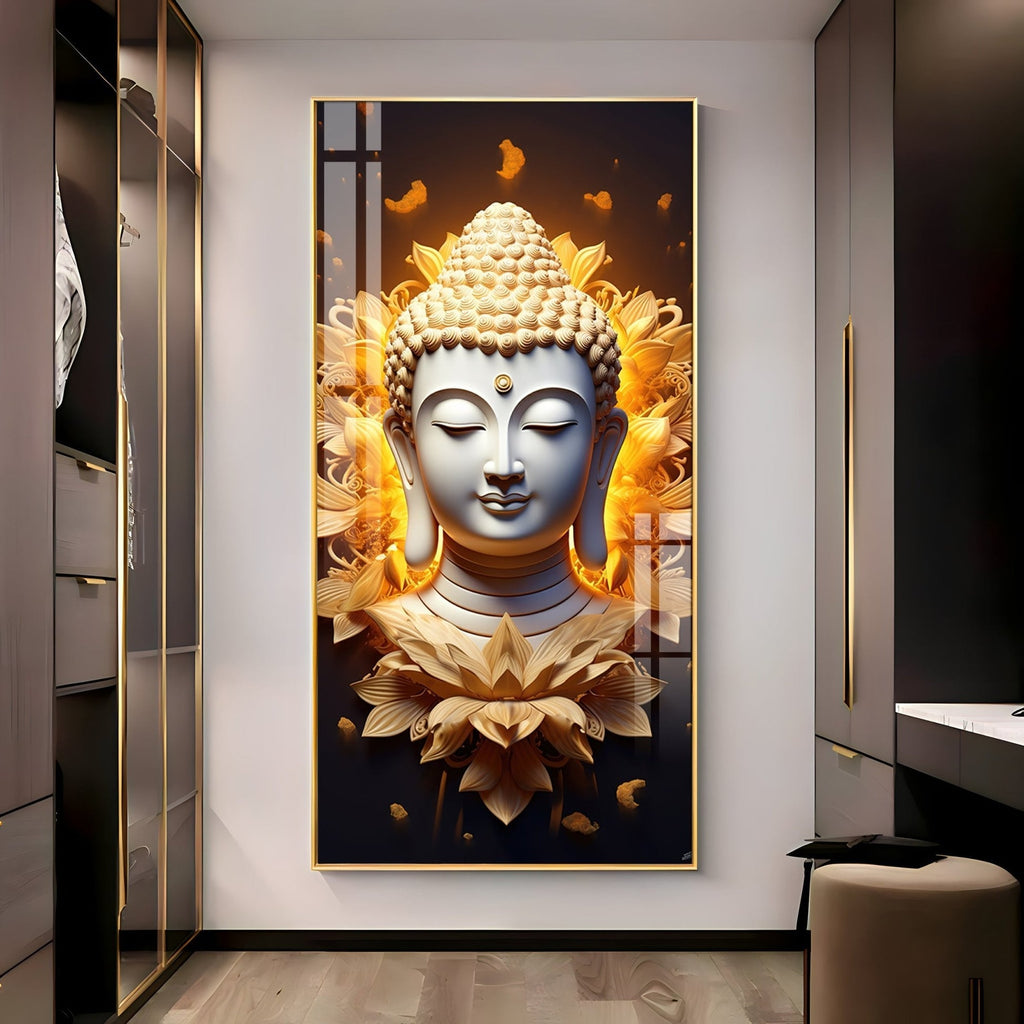 Luxury Meditative Buddha Acrylic Wall Painting Featuring Golden Floral Aura and Peaceful Expression