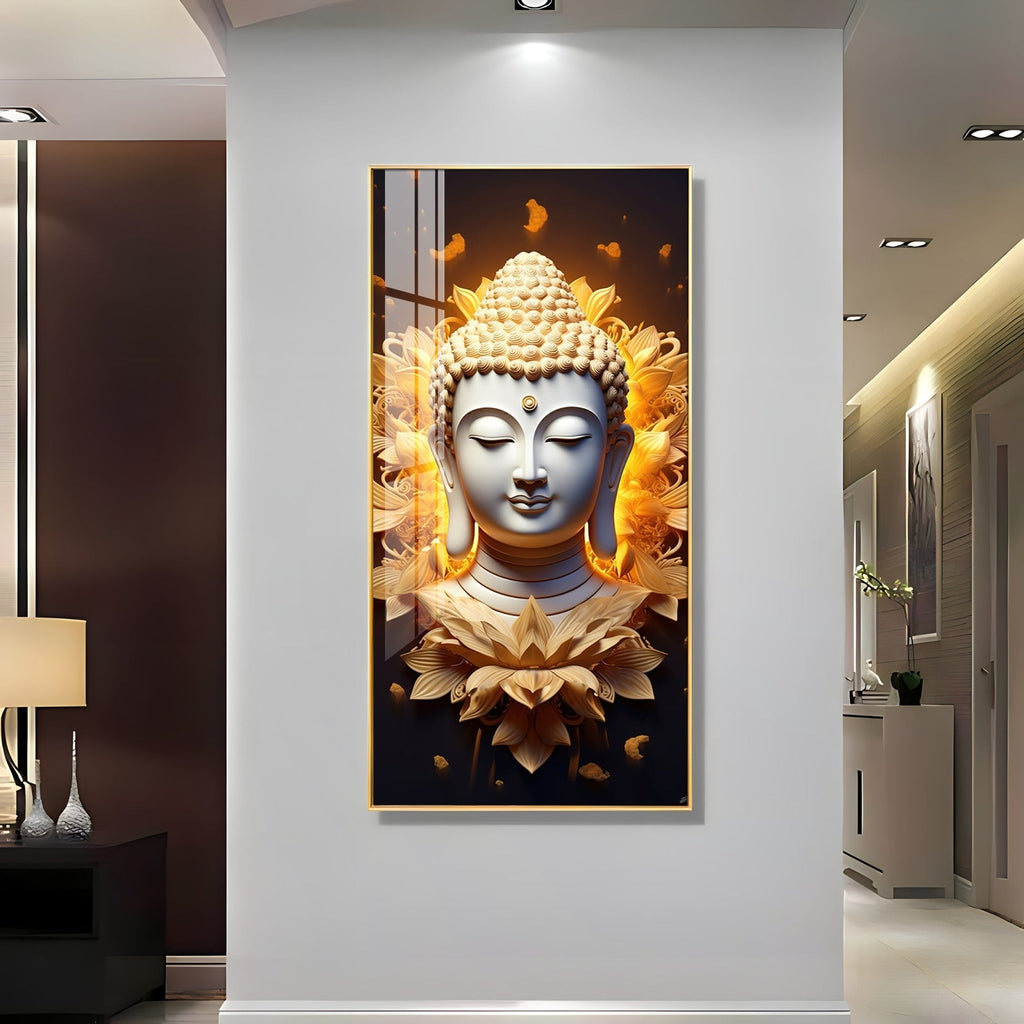 Luxury Meditative Buddha Acrylic Wall Painting Featuring Golden Floral Aura and Peaceful Expression