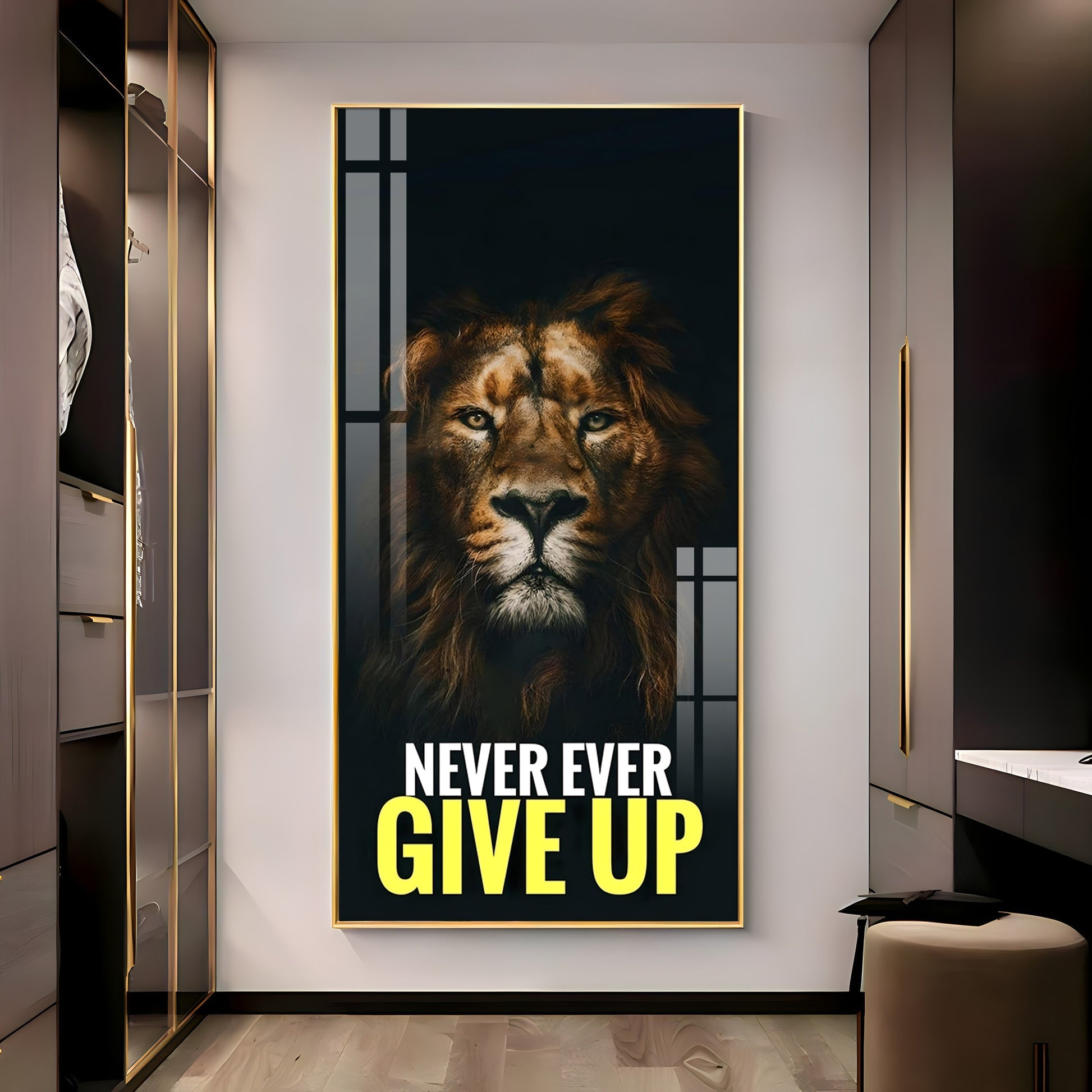 Strong Lion Face Acrylic Wall Painting with Inspirational Message