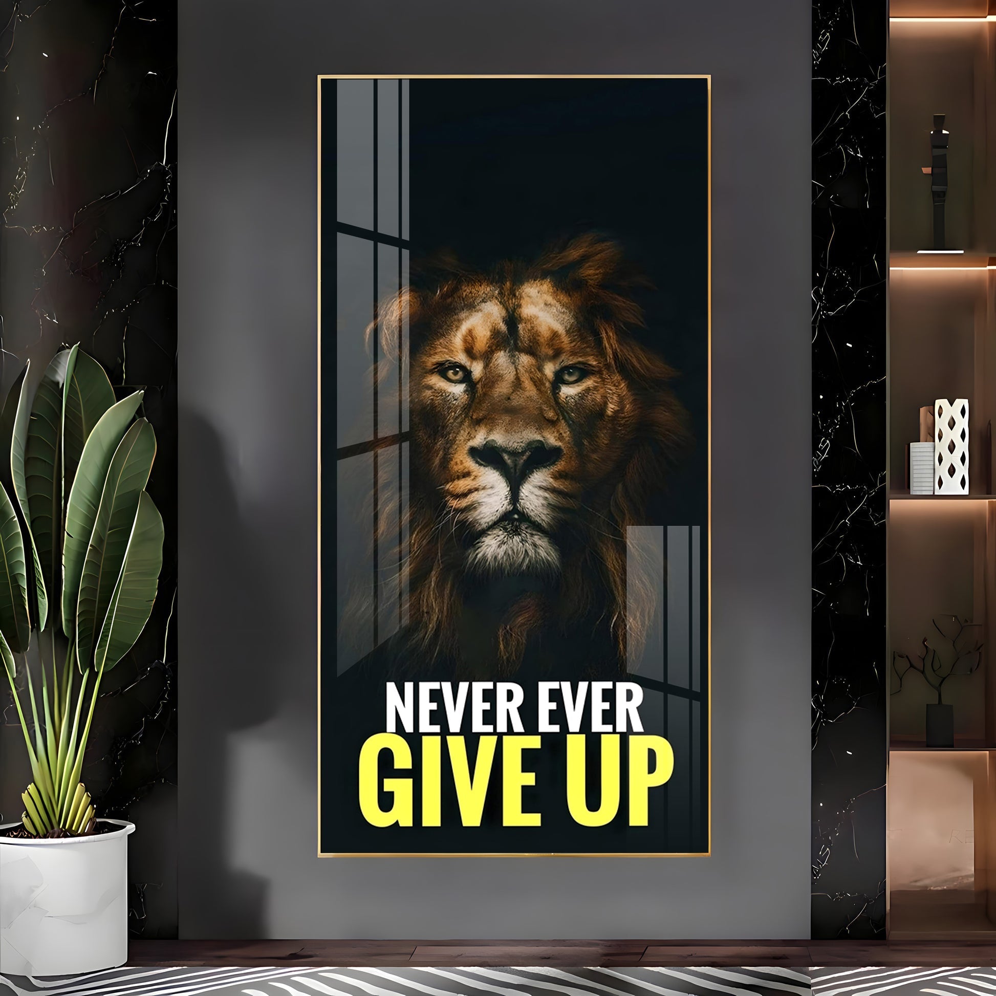 Strong Lion Face Acrylic Wall Painting with Inspirational Message