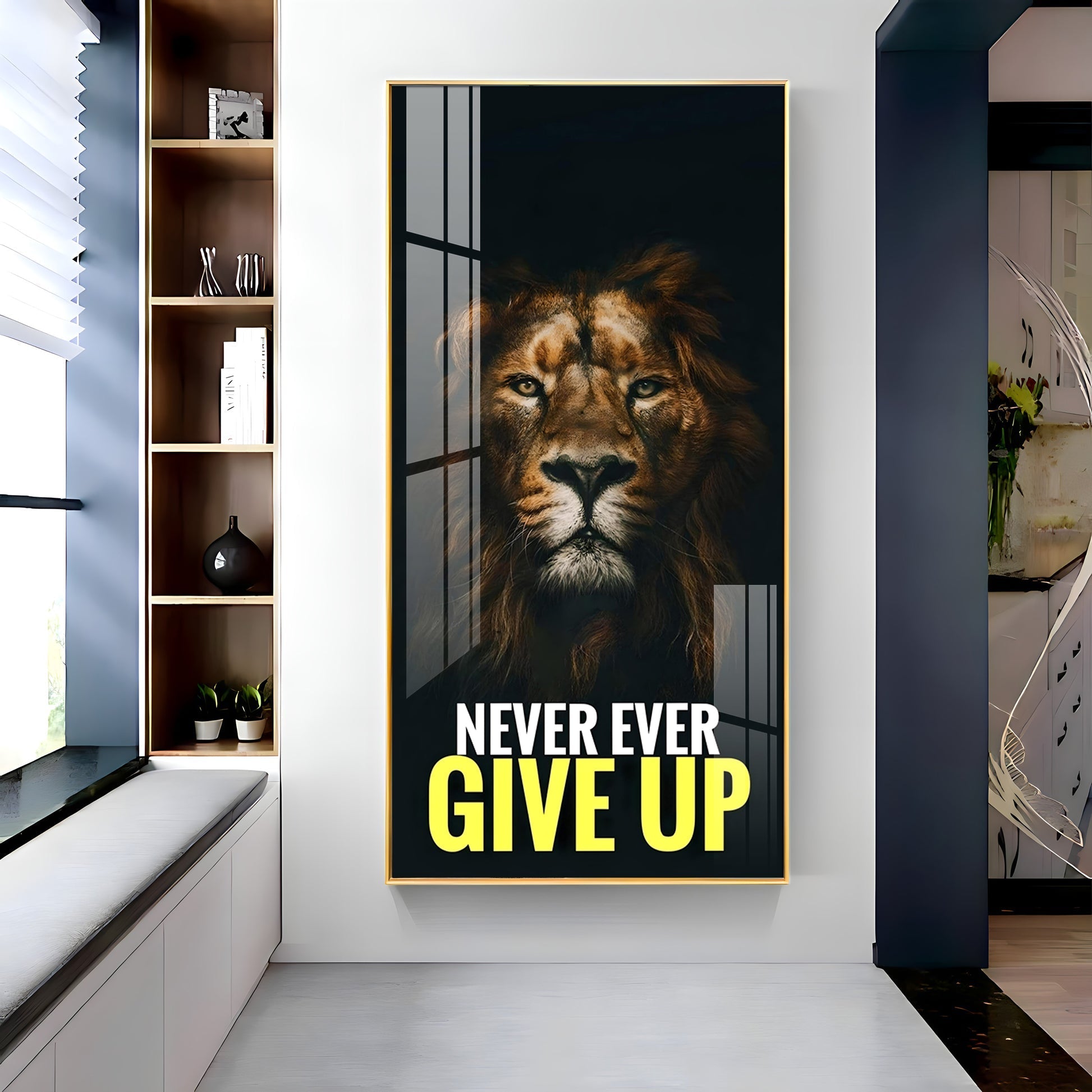 Strong Lion Face Acrylic Wall Painting with Inspirational Message