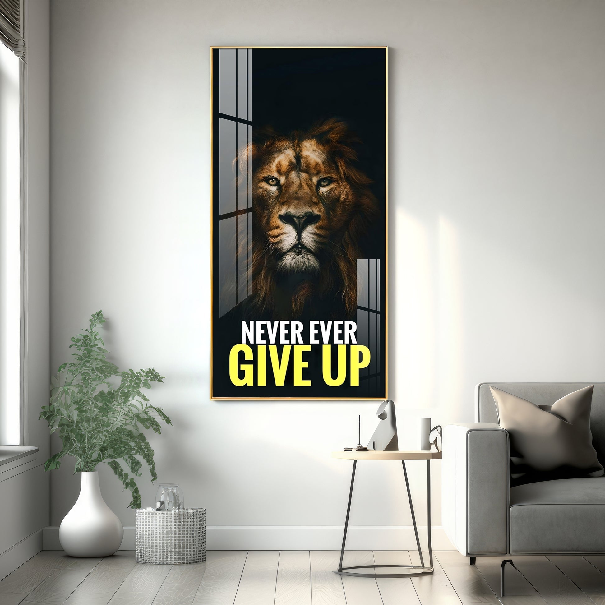 Strong Lion Face Acrylic Wall Painting with Inspirational Message