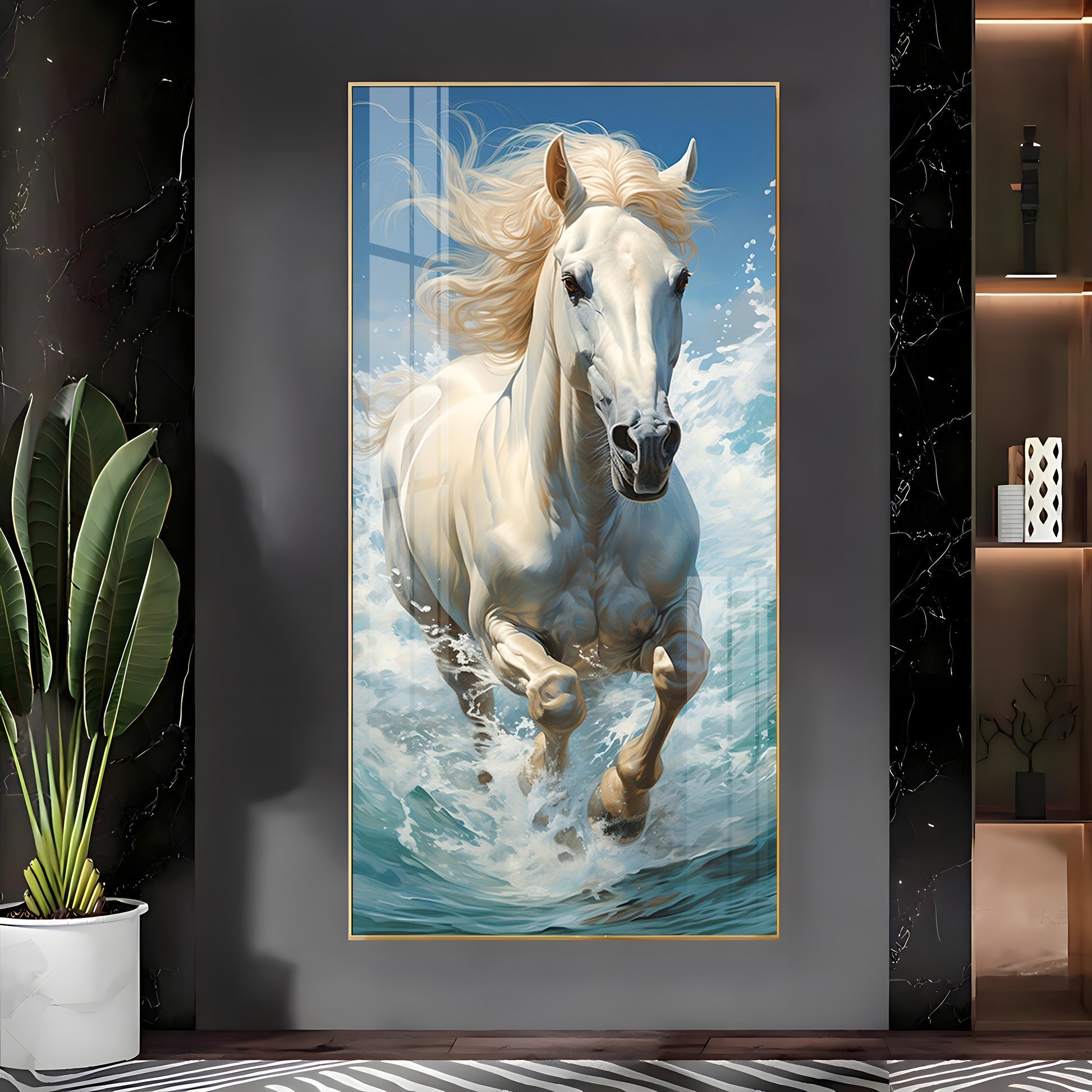 White Horse in Water Acrylic Wall Painting with Fresh and Calm Look