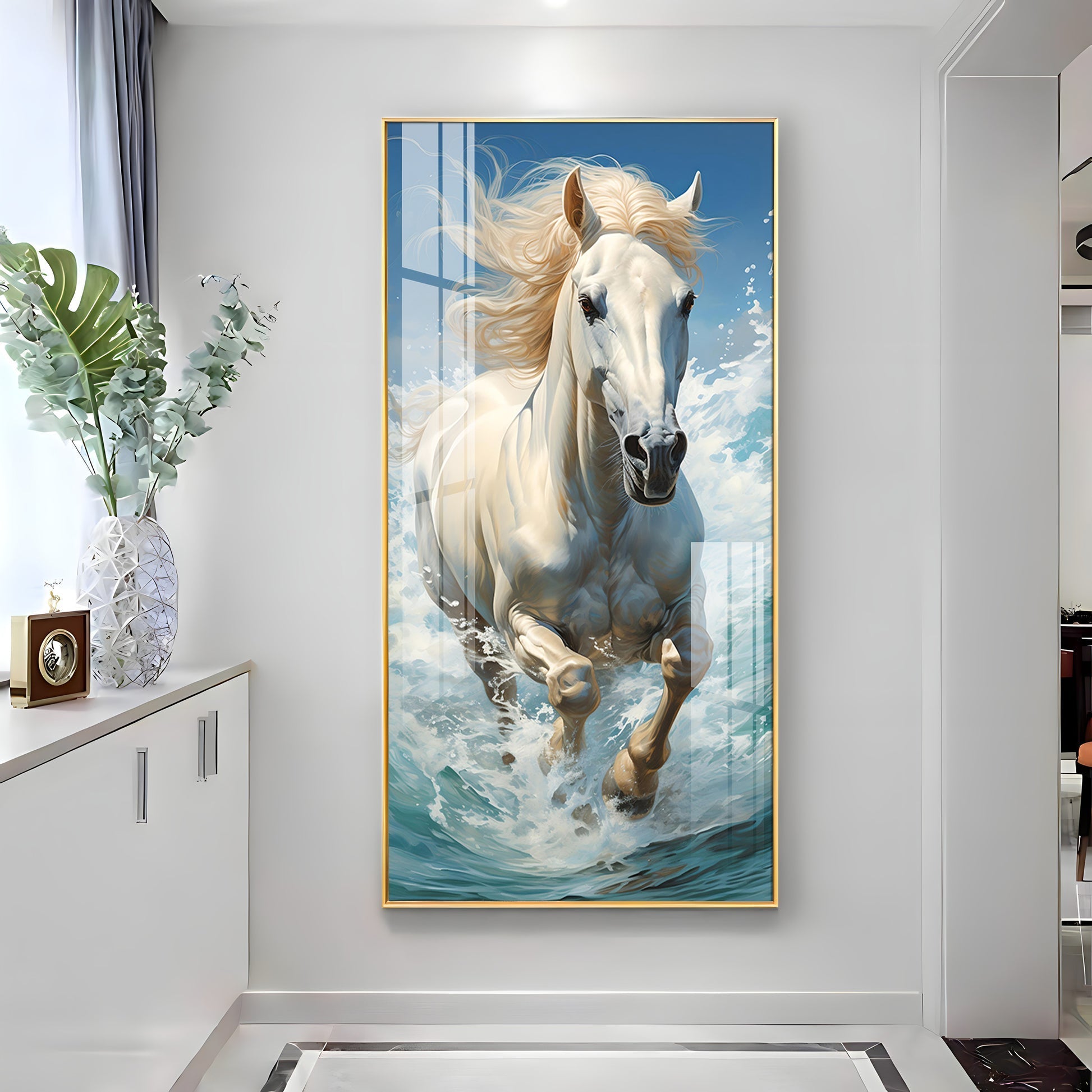 White Horse in Water Acrylic Wall Painting with Fresh and Calm Look