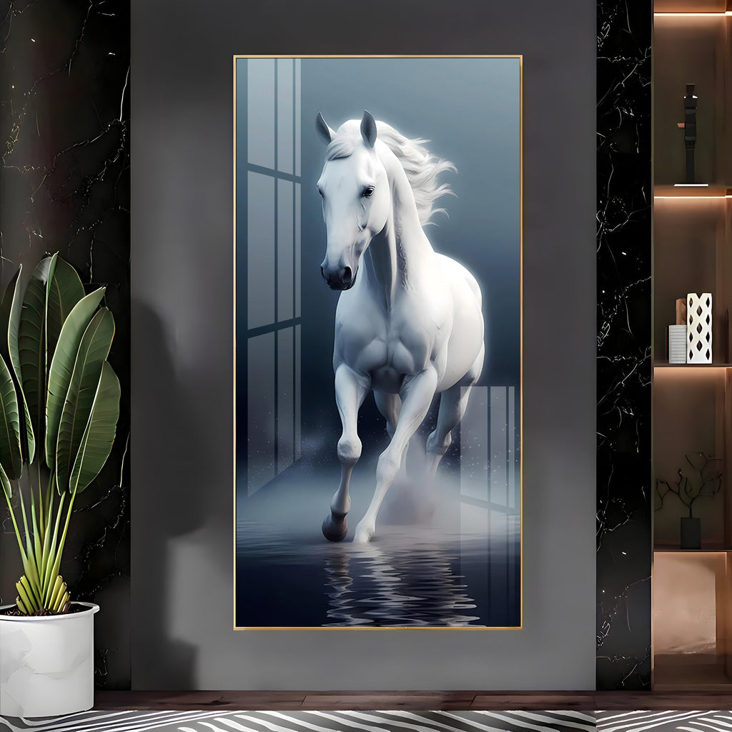 Beautiful White Horse in Mist Acrylic Wall Painting for Living Room