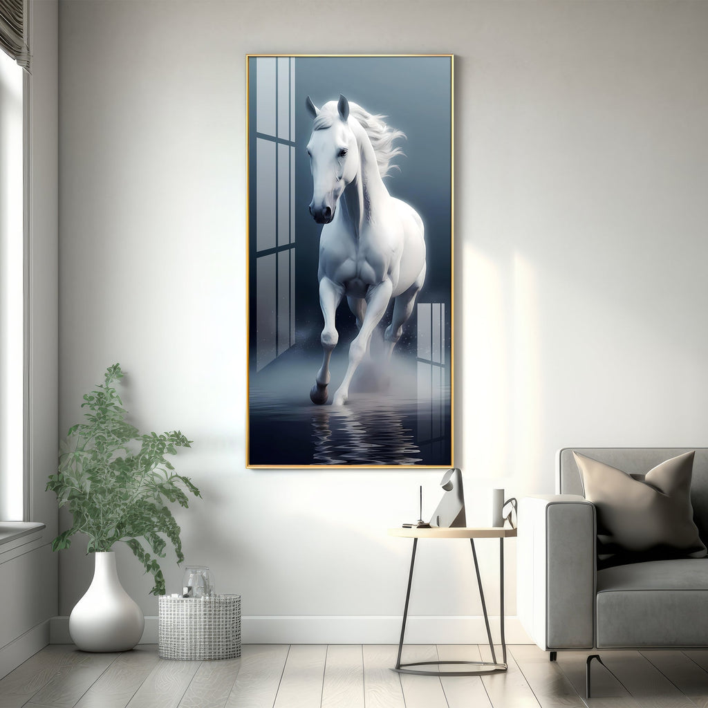 Beautiful White Horse in Mist Acrylic Wall Painting for Living Room