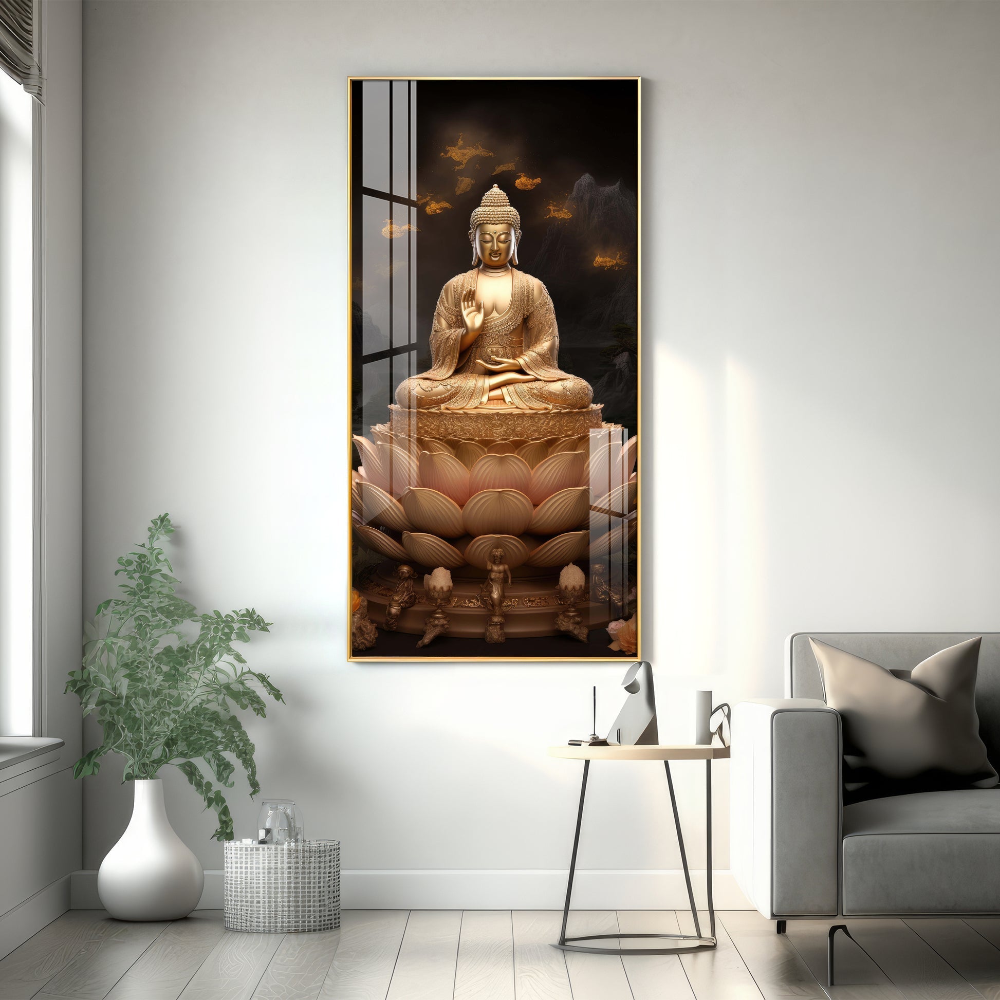 Peaceful Meditation Buddha Wall Painting with Lotus Base Design