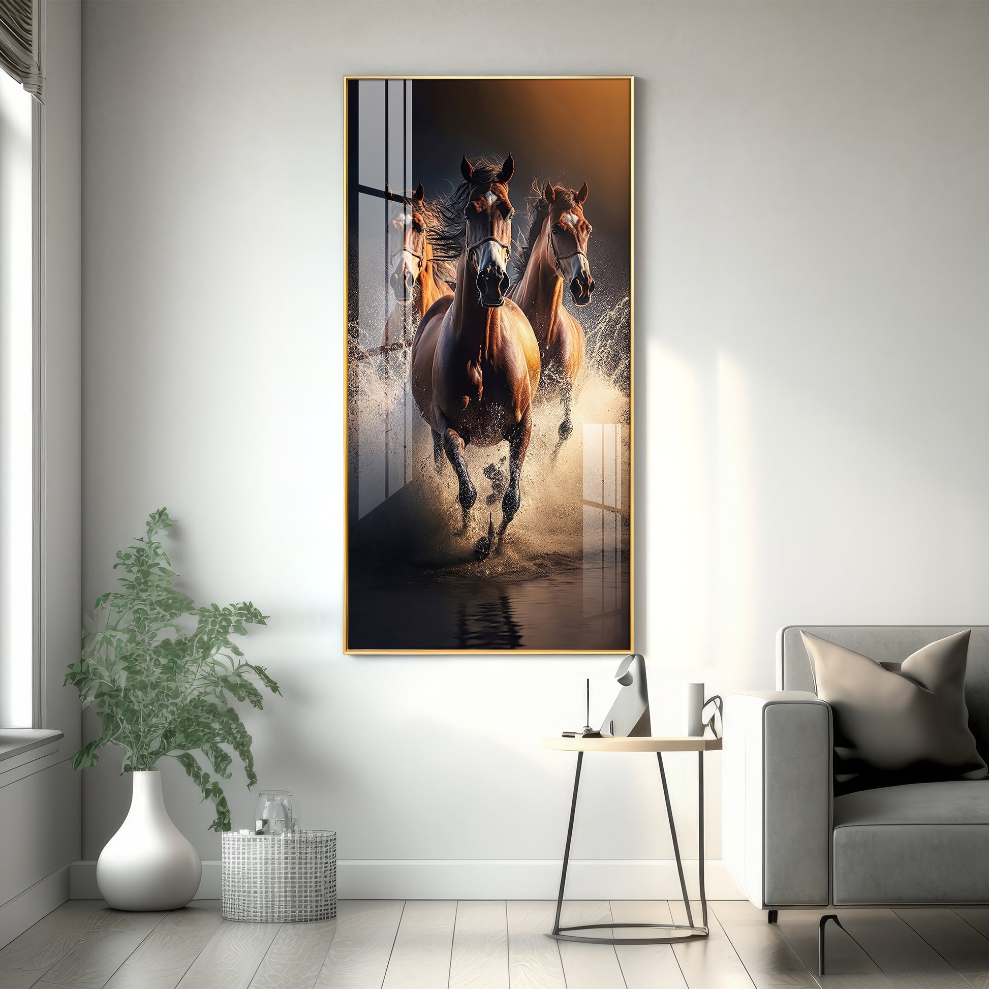 Running Horses Acrylic Wall Painting with Water Splash for Modern Decor