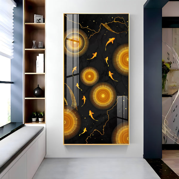 This acrylic wall painting has a rich black background that makes the golden colors look more bright and eye-catching