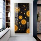This acrylic wall painting has a rich black background that makes the golden colors look more bright and eye-catching