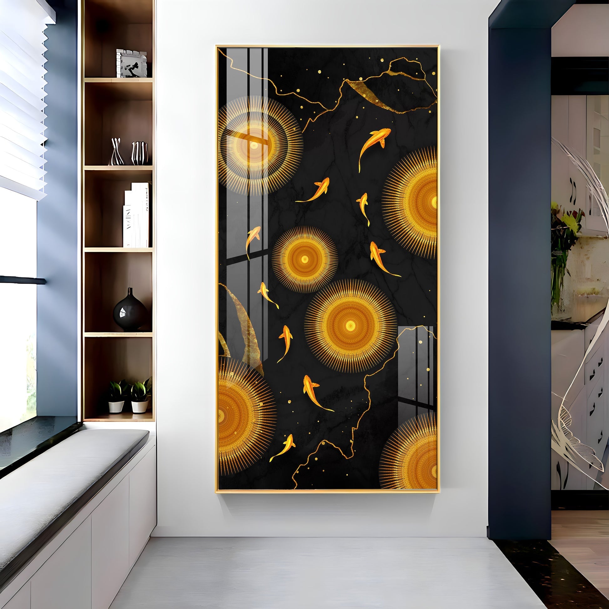 This acrylic wall painting has a rich black background that makes the golden colors look more bright and eye-catching