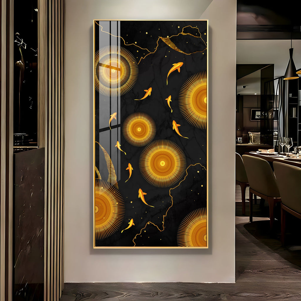 This acrylic wall painting has a rich black background that makes the golden colors look more bright and eye-catching