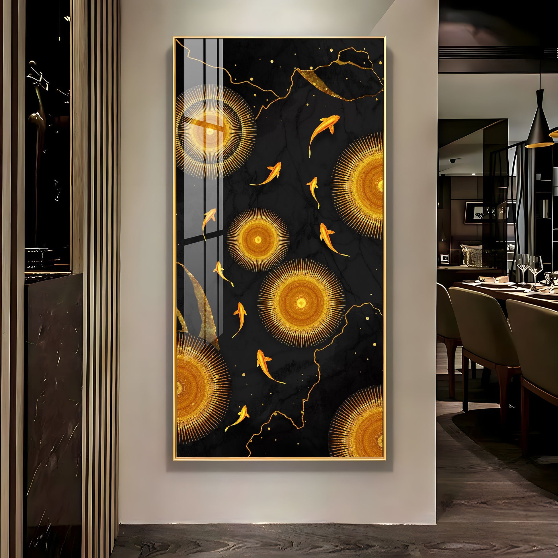This acrylic wall painting has a rich black background that makes the golden colors look more bright and eye-catching