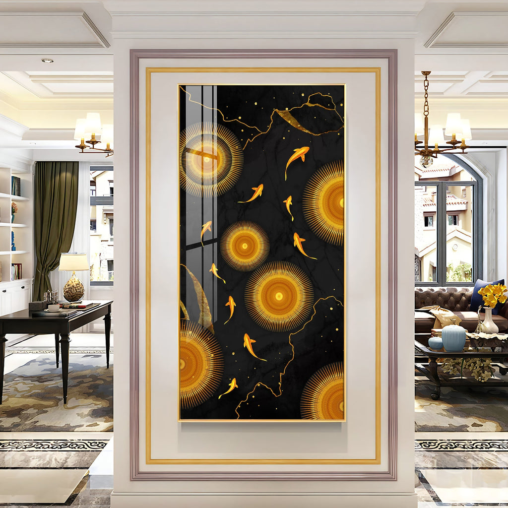 This acrylic wall painting has a rich black background that makes the golden colors look more bright and eye-catching