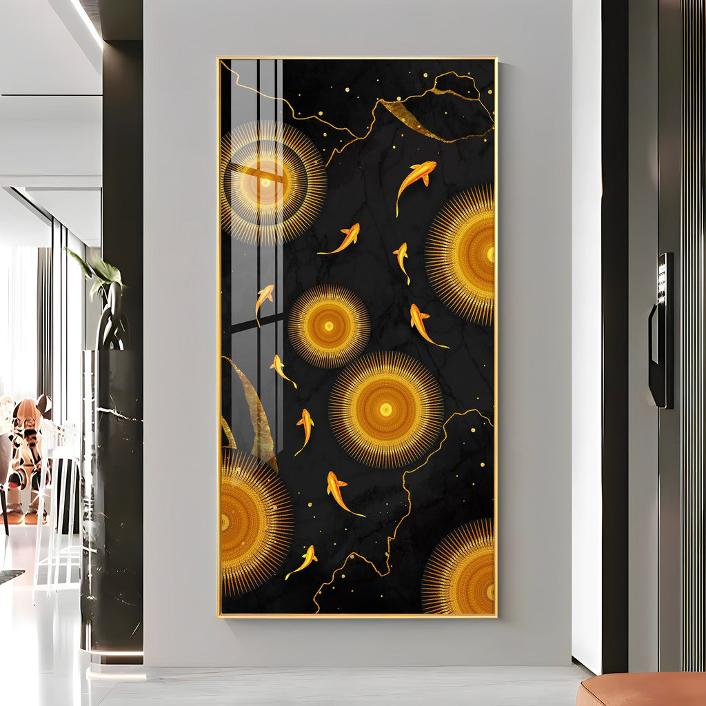 This acrylic wall painting has a rich black background that makes the golden colors look more bright and eye-catching