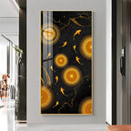 This acrylic wall painting has a rich black background that makes the golden colors look more bright and eye-catching