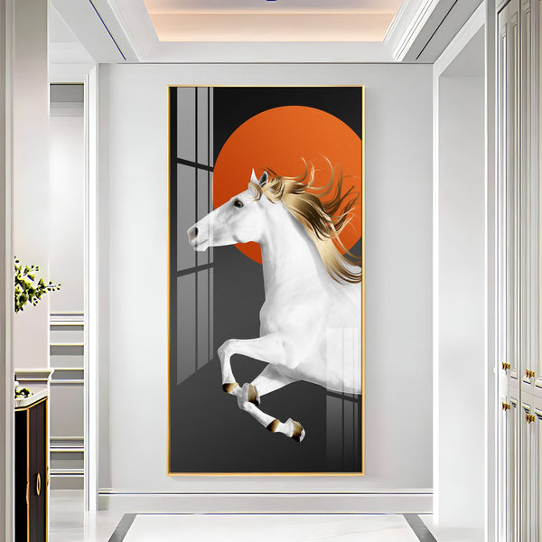 Premium Running Horse Acrylic Wall Painting with Orange Sun Background