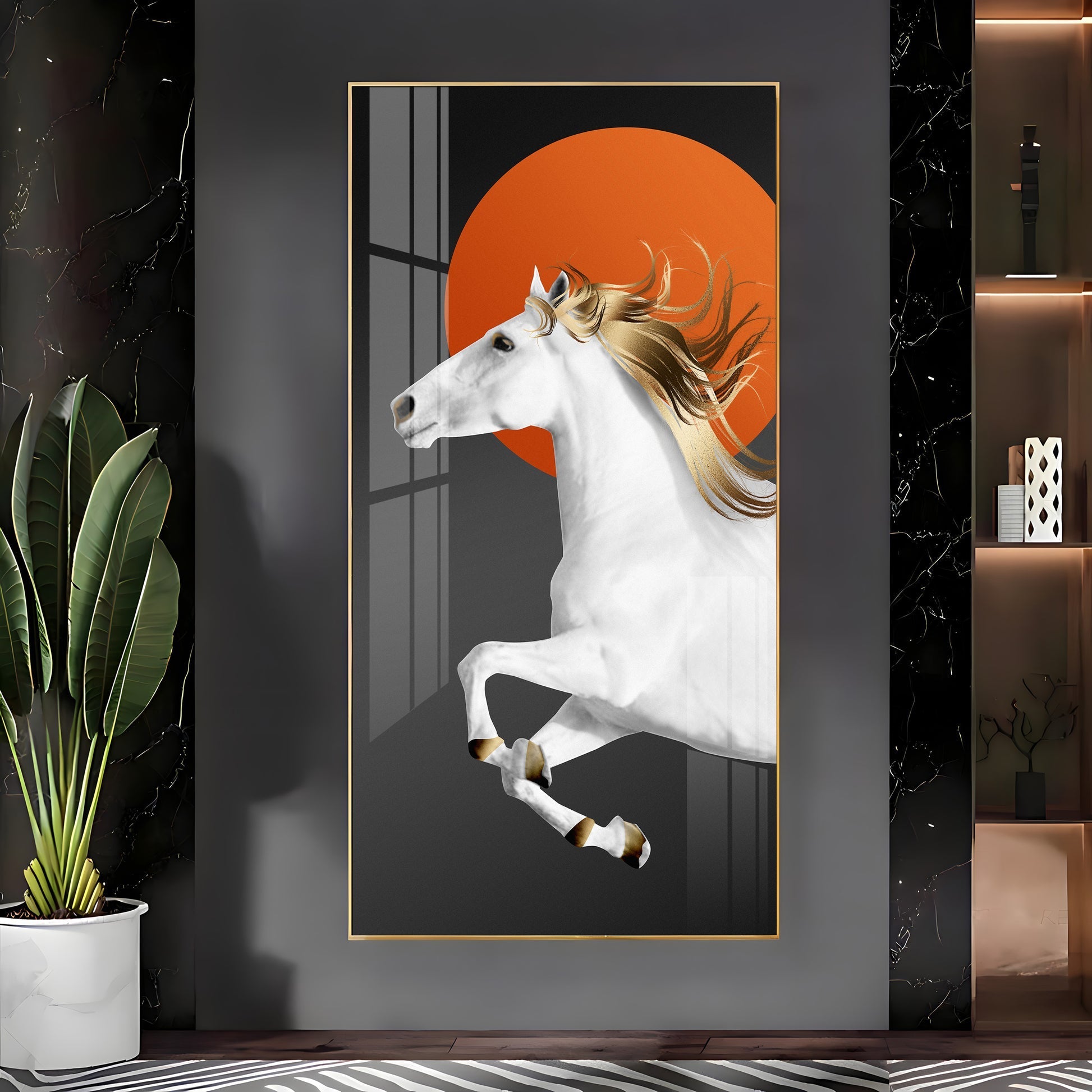 Premium Running Horse Acrylic Wall Painting with Orange Sun Background