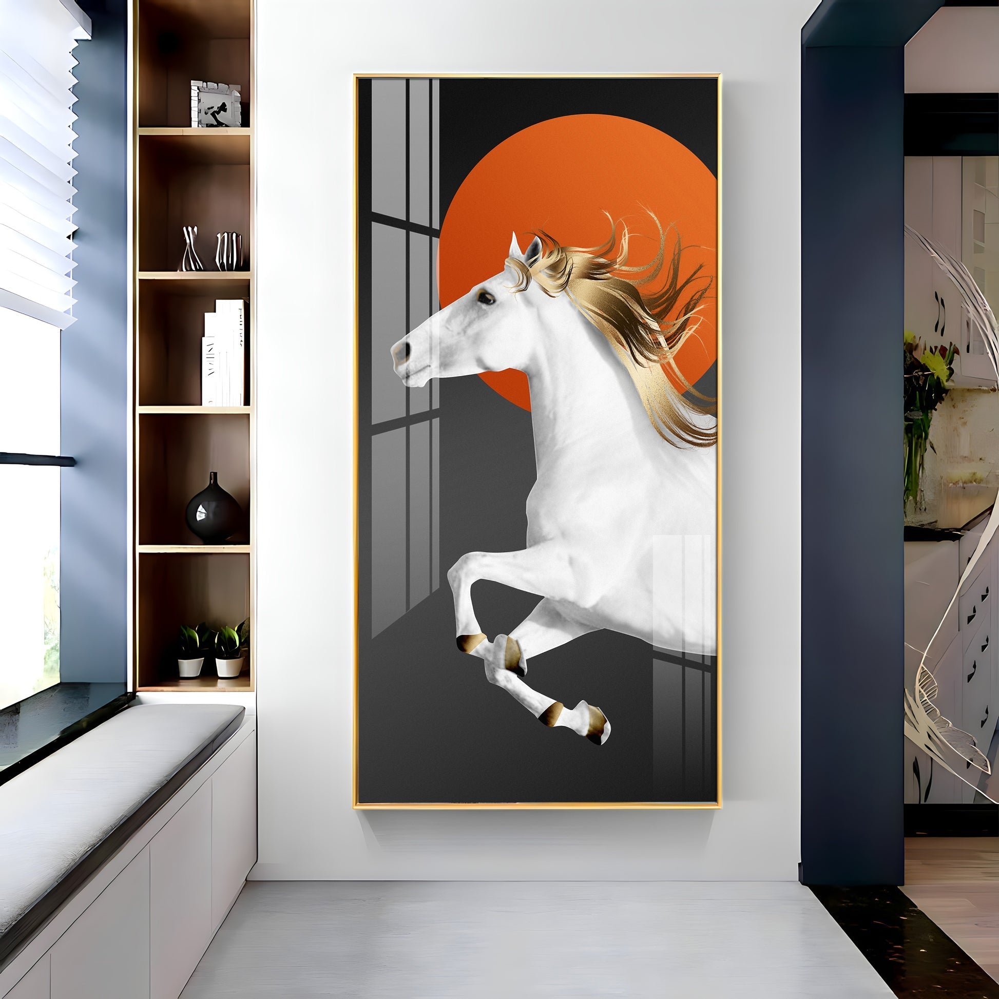 Premium Running Horse Acrylic Wall Painting with Orange Sun Background