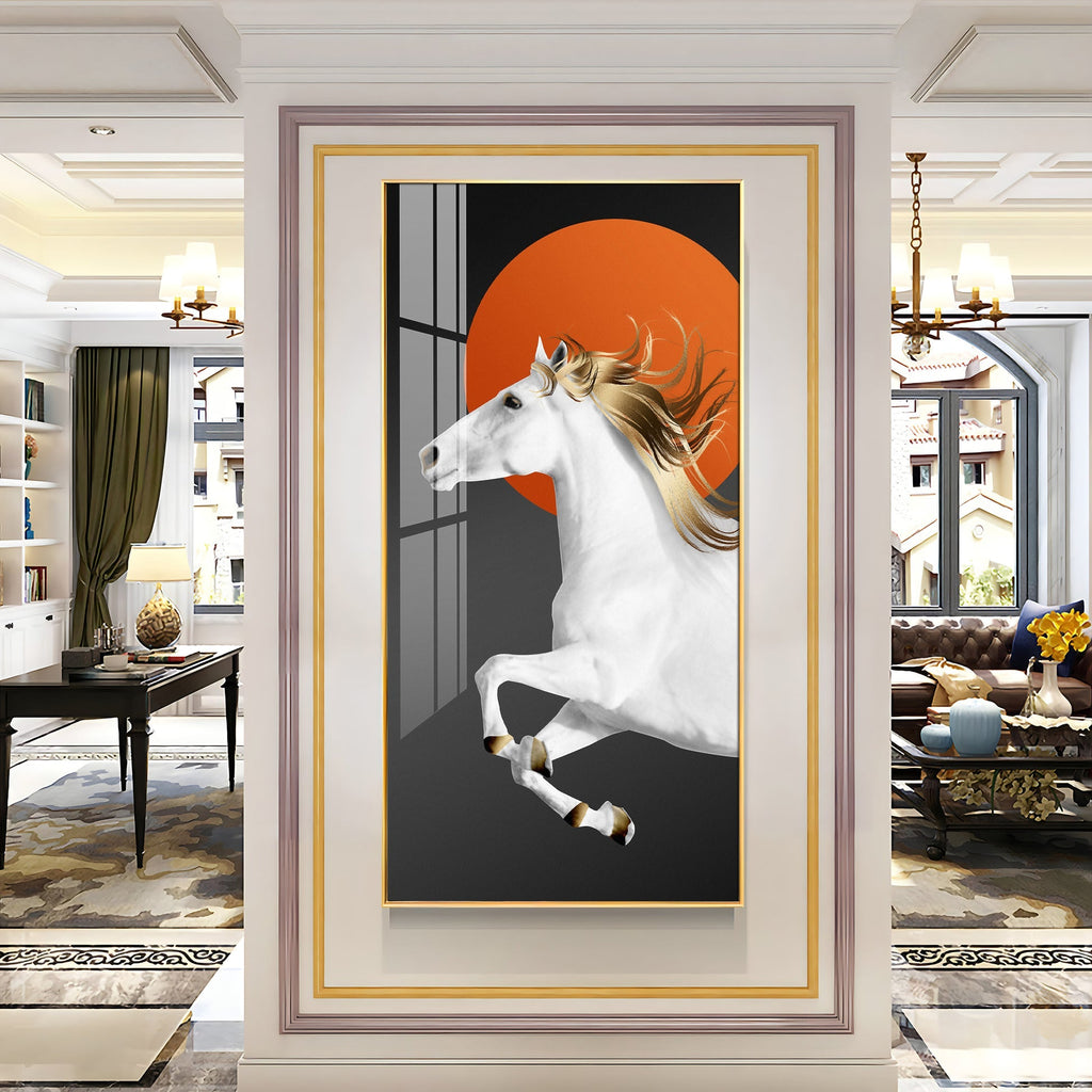 Premium Running Horse Acrylic Wall Painting with Orange Sun Background