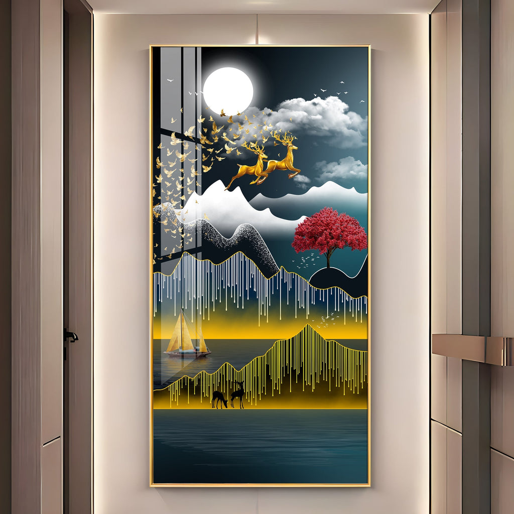 Premium Nature Scene Acrylic Wall Painting with Mountains, Boat and Moonlight