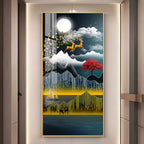 Premium Nature Scene Acrylic Wall Painting with Mountains, Boat and Moonlight