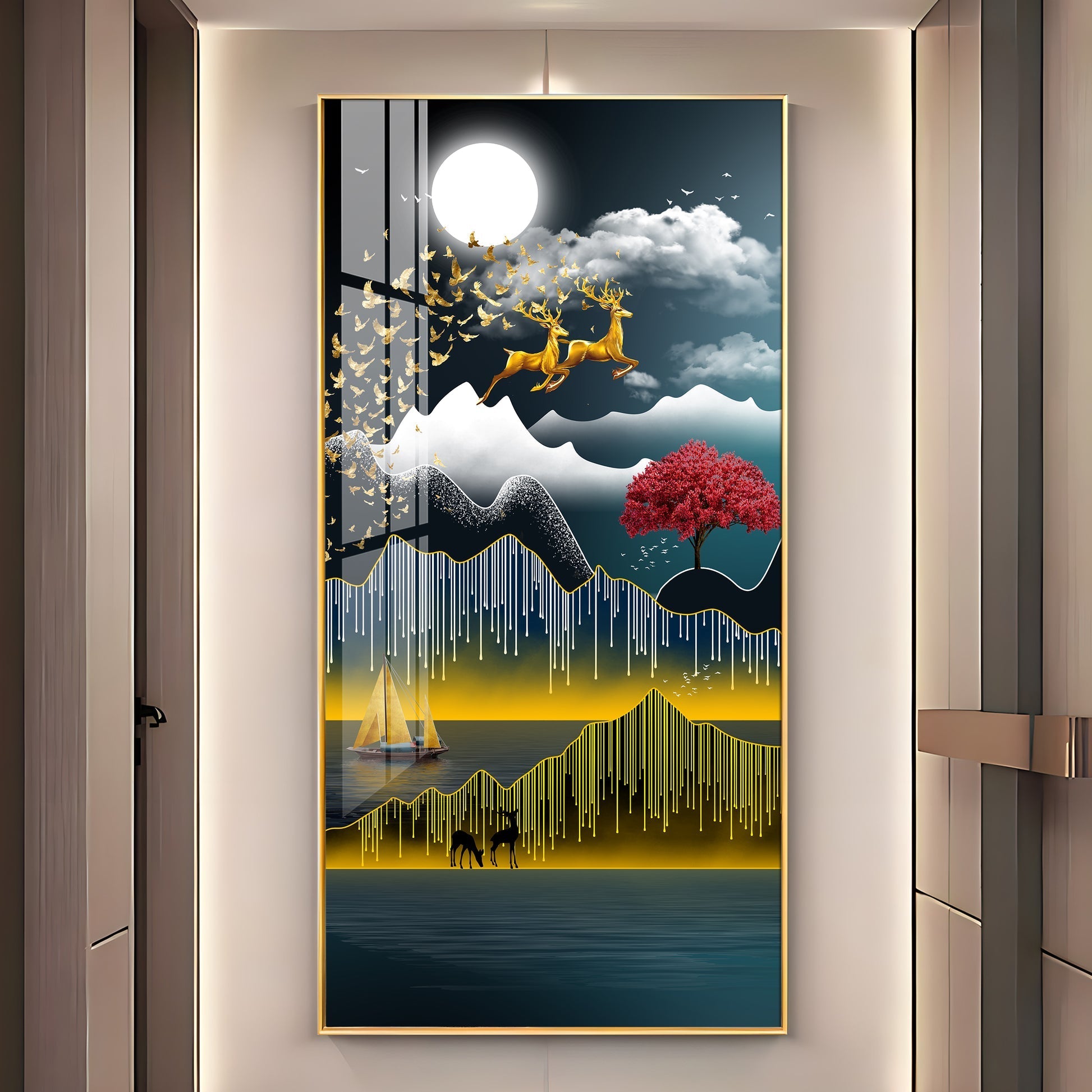 Premium Nature Scene Acrylic Wall Painting with Mountains, Boat and Moonlight