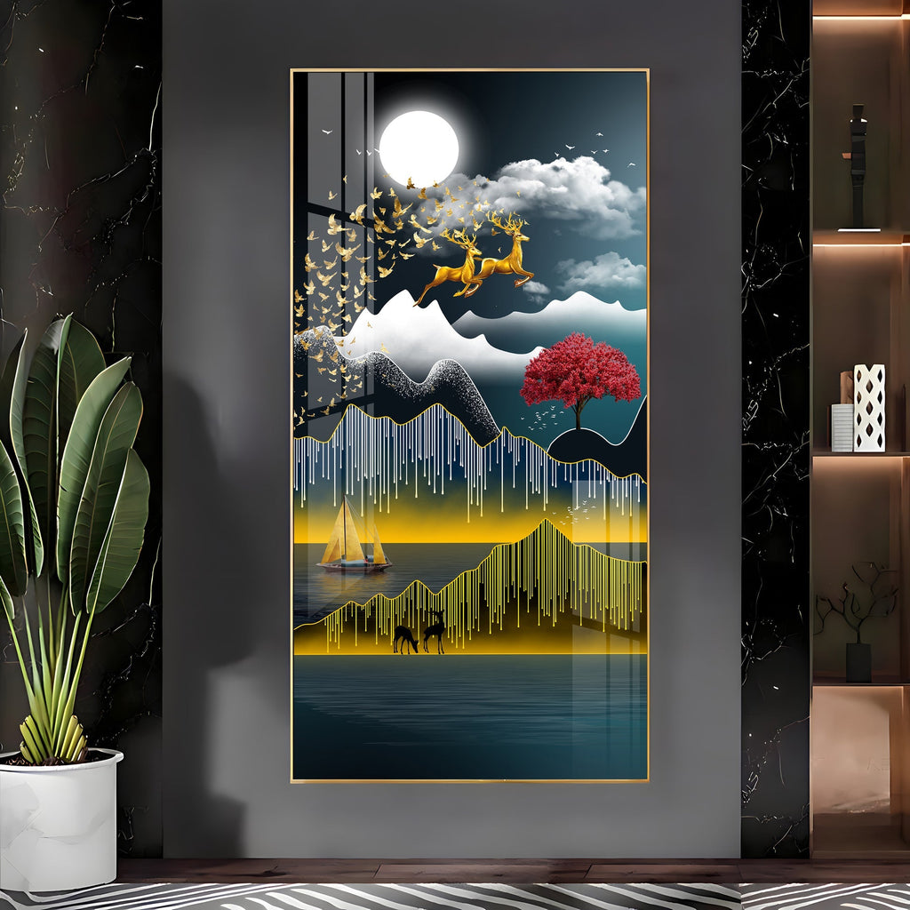 Premium Nature Scene Acrylic Wall Painting with Mountains, Boat and Moonlight