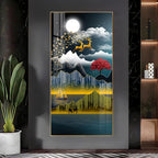 Premium Nature Scene Acrylic Wall Painting with Mountains, Boat and Moonlight