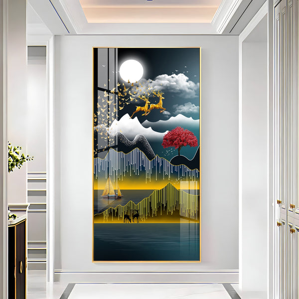 Premium Nature Scene Acrylic Wall Painting with Mountains, Boat and Moonlight