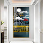Premium Nature Scene Acrylic Wall Painting with Mountains, Boat and Moonlight