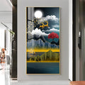 Premium Nature Scene Acrylic Wall Painting with Mountains, Boat and Moonlight