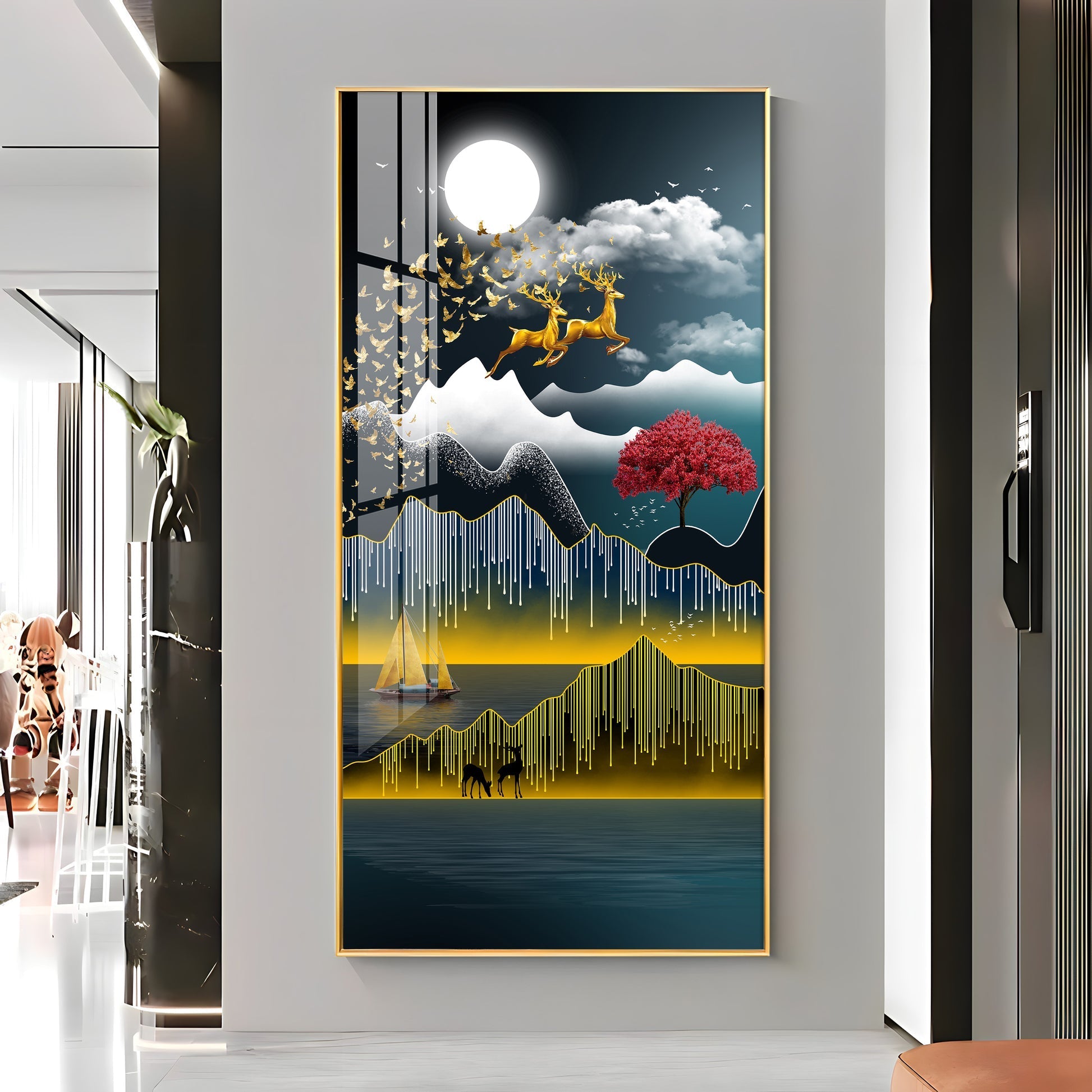 Premium Nature Scene Acrylic Wall Painting with Mountains, Boat and Moonlight
