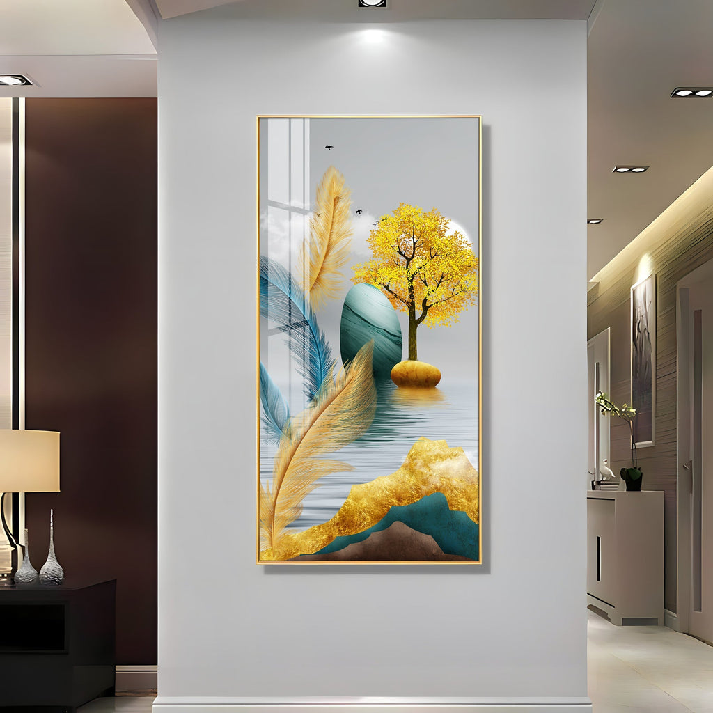 Modern Feather and Tree Design Acrylic Wall Painting for Living Room Decor