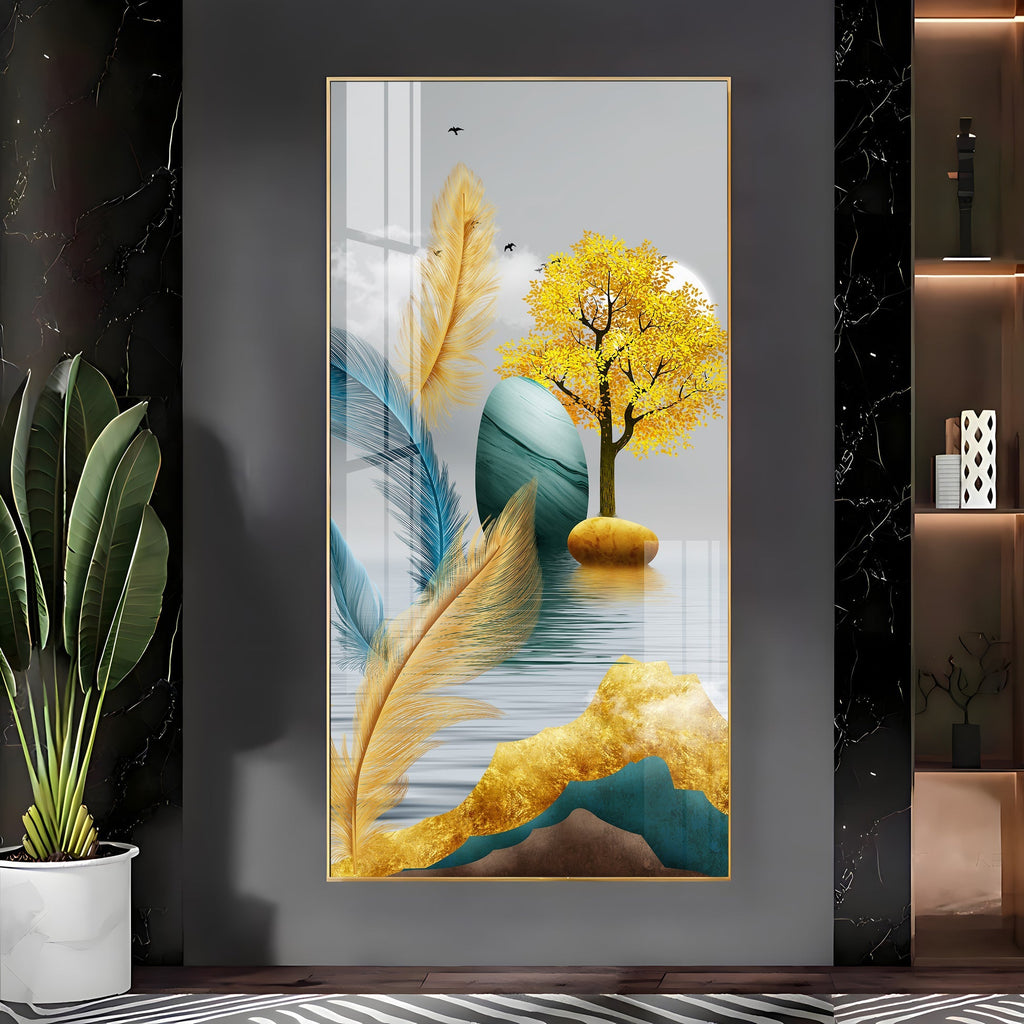 Modern Feather and Tree Design Acrylic Wall Painting for Living Room Decor