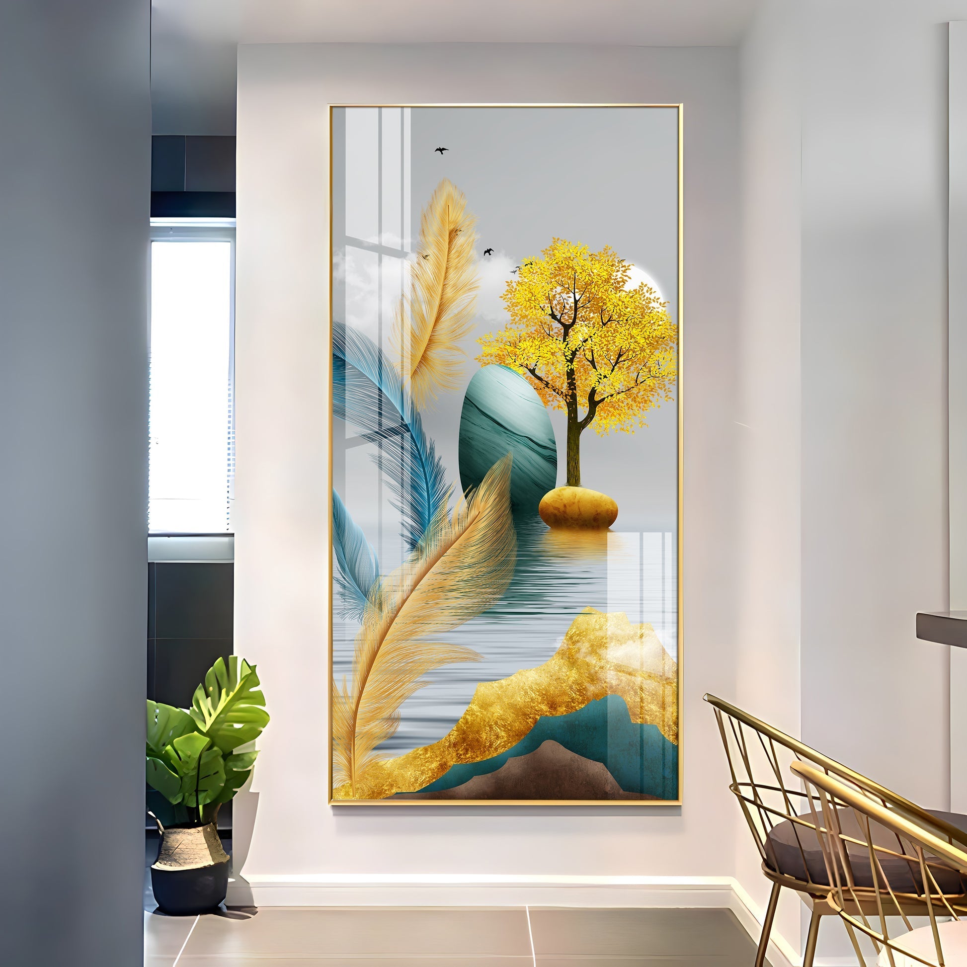 Modern Feather and Tree Design Acrylic Wall Painting for Living Room Decor