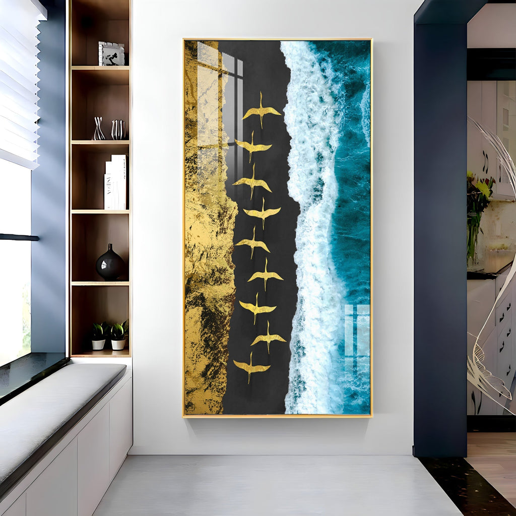 Premium Ocean Waves Acrylic Wall Painting with Flying Birds Design