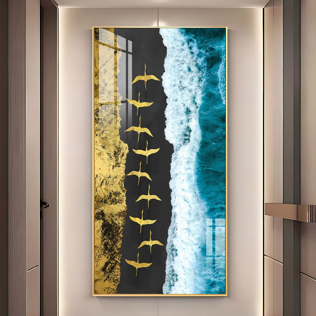 Premium Ocean Waves Acrylic Wall Painting with Flying Birds Design