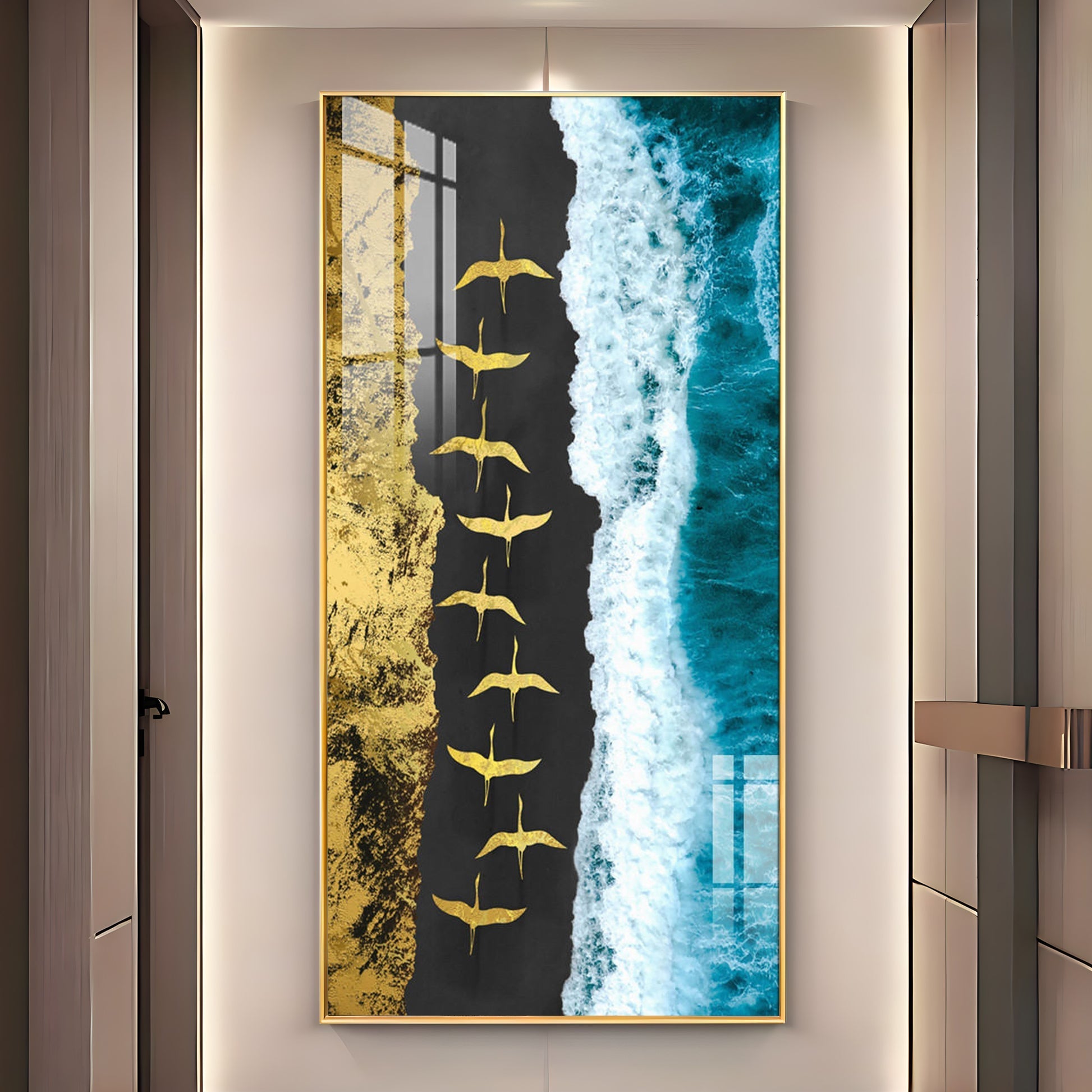 Premium Ocean Waves Acrylic Wall Painting with Flying Birds Design