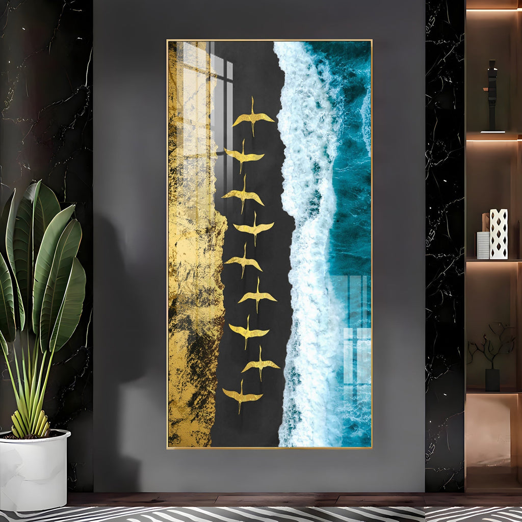 Premium Ocean Waves Acrylic Wall Painting with Flying Birds Design