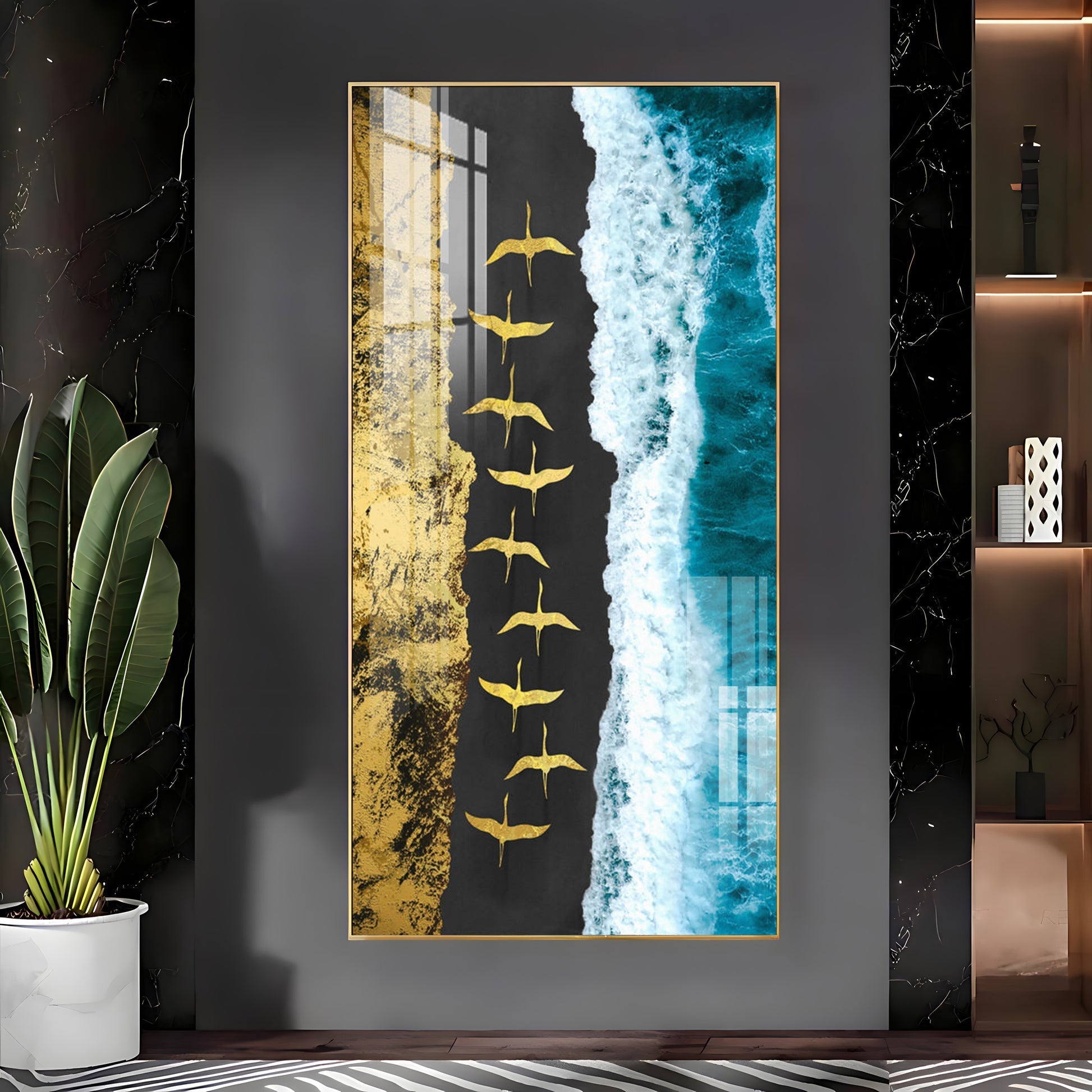 Premium Ocean Waves Acrylic Wall Painting with Flying Birds Design