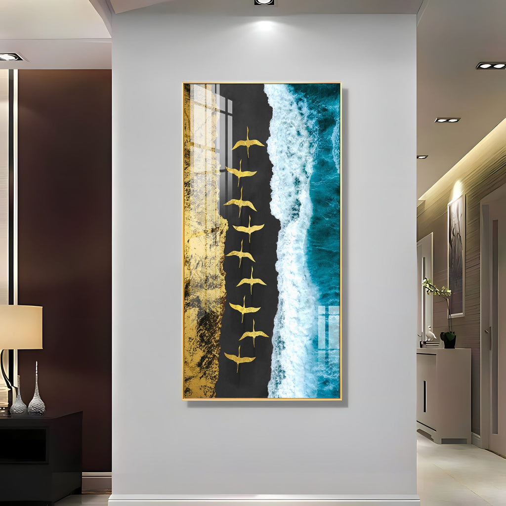 Premium Ocean Waves Acrylic Wall Painting with Flying Birds Design
