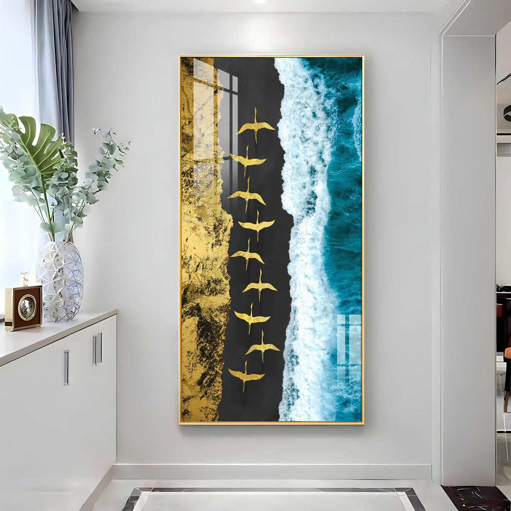 Premium Ocean Waves Acrylic Wall Painting with Flying Birds Design