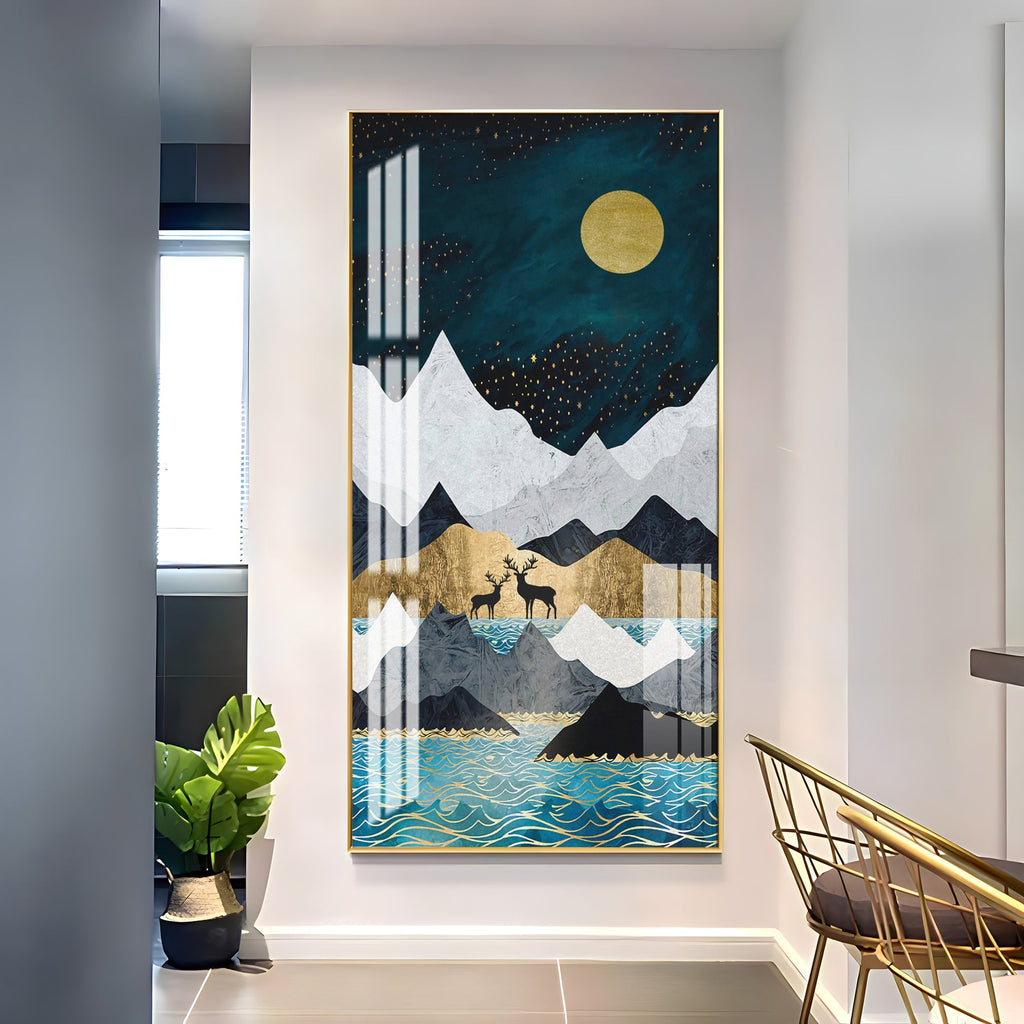 Abstract Nature Scene Acrylic Wall Painting with Blue Waves and Gold Accents