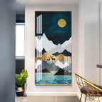 Abstract Nature Scene Acrylic Wall Painting with Blue Waves and Gold Accents
