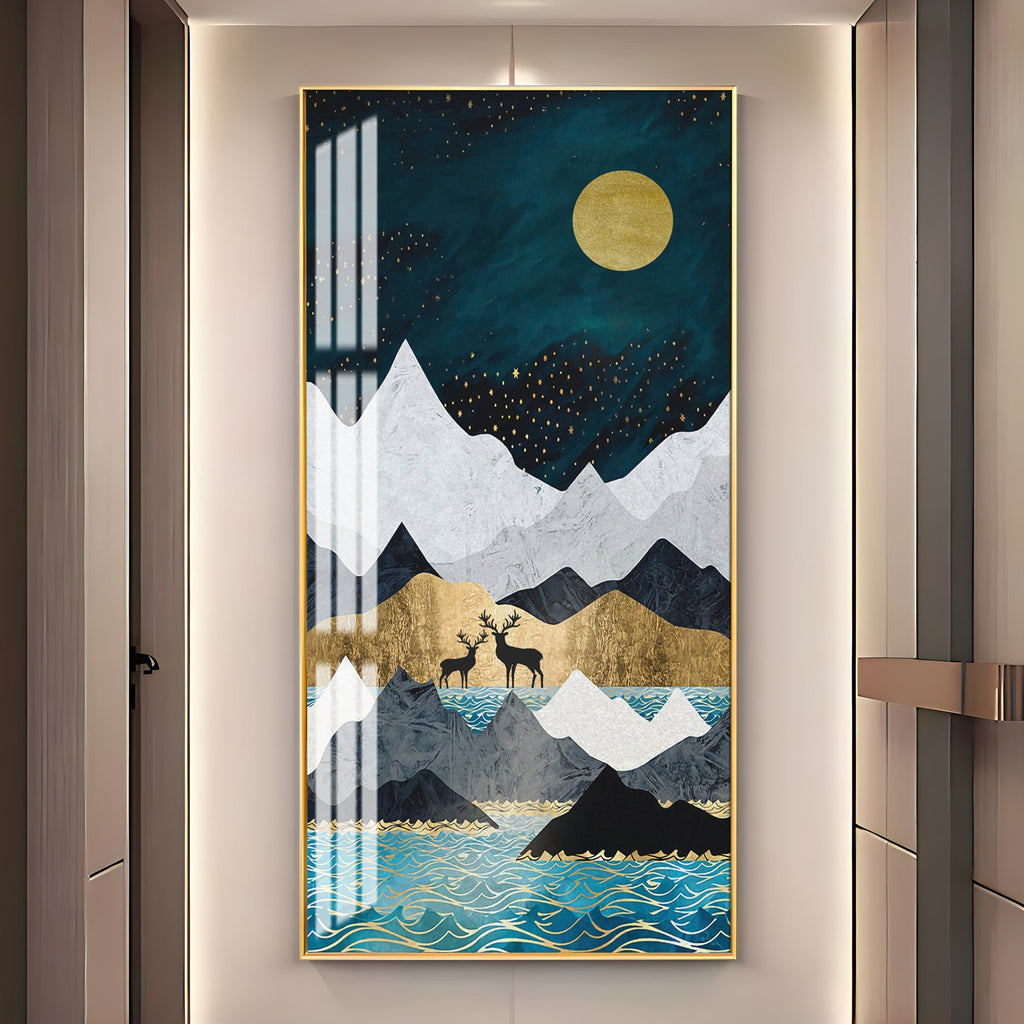 Abstract Nature Scene Acrylic Wall Painting with Blue Waves and Gold Accents